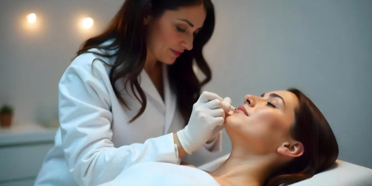 Woman being prepared for lip filler procedure